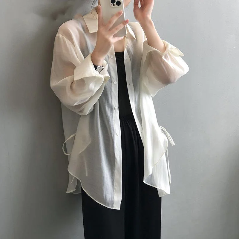 

Summer New Ice Silk Thin Lacing Shirt Tops Long Sleeve Loose Chiffon Solid Color Cardigan Temperament Fashion Women Clothing