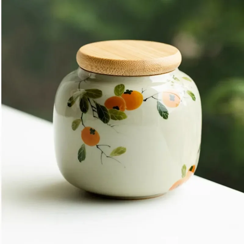 Chinese Ceramic Tea Caddy Hand-painted Persimmon Tea Jar Travel Tea Bag Storage Box Sealed Container Storage Tank Teaware