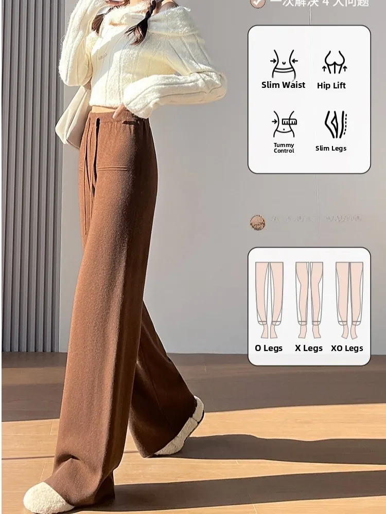 لينة محبوك عالية الخصر ثنيات بنطال ذو قصة أرجل واسعة الخريف الشتاء القمح اللون بناطيل كاجوال Fem Ele طول الأرض تريكو