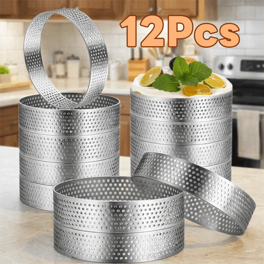 

12 Piece Baking Tool Stainless Steel Perforated Tart Ring Nonstick Heat Evenly Pastry Mold with Brush 8 CM Mousse Cake Ring Pie