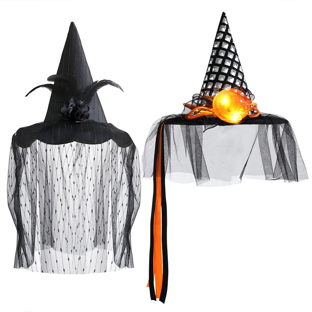 

Halloween Hat Mesh Witch Hat Lace Veil Pointed Hat Makeup Ball Dress Up Party Decoration Props Luminous Witch Hats