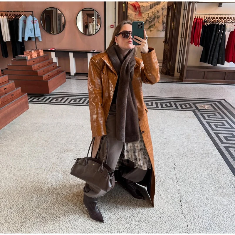 Crocodile Embossed Faux Leather Long Jackets Chic Wide Lapel Belted Waist Quarter Sleeve Loose Coat Women Street Chic Outfits