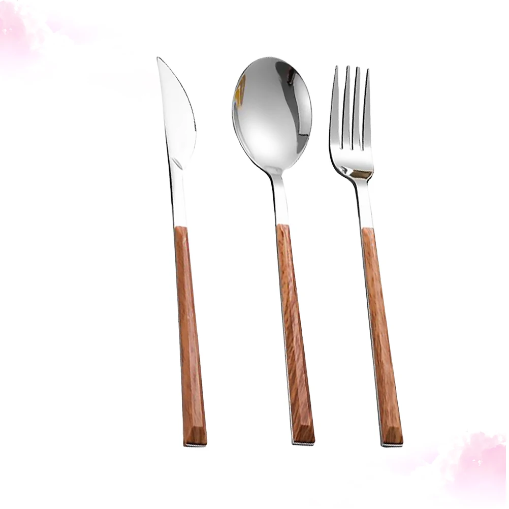 

3pcs Stainless Steel Flatware Set Imitation Wood Handle Portable Tableware Fork Spoon Cutter Salad Dinner Cutlery Kit