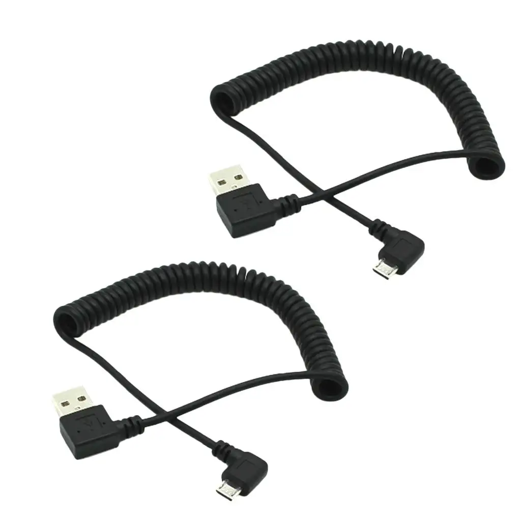 USB to Micro USB Coiled Charging Cable Right Angle Connectors 480 Mbps Data Cord for Android Phone Office Car Bedside