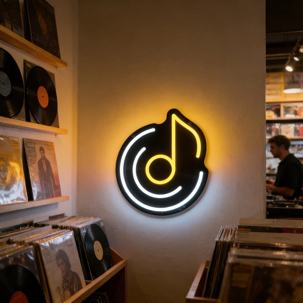 Music Vinyl Record LED Neon Sign with Note for Studio Bar Cafe Record Store Home Decor Art Wall Light Unique Design Bright Color