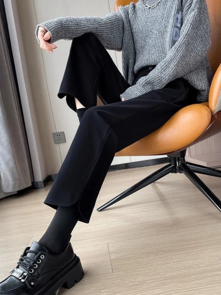 2026 Autumn New Cropped Pants High Waist Leisure Loose Straight Pants Women Solid Color Elastic Waist Woolen Fabric Casual Pants