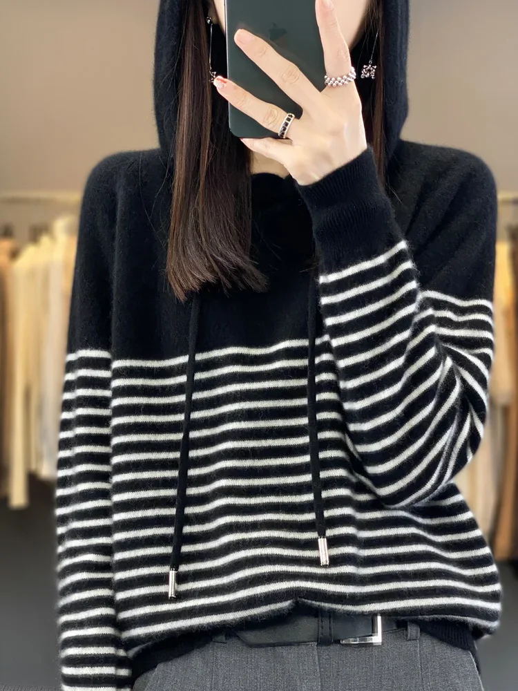 Women\'s Hoodies 100% Merino Wool Sweater Striped Long Sleeve Casual Loose Pullover Cashmere Knitwears Fashion New Knit F470