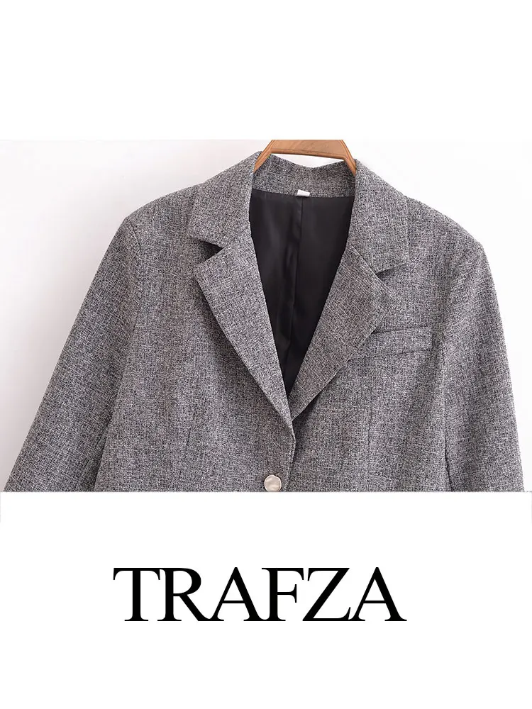 TRAFZA Retro Lapel Single Button Elegant Women's Long Sleeve Slim Blazer Women's Commuting Short Knitted Blazer Streetwear