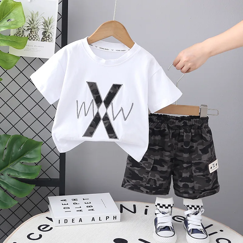 Baby Boy Summer Clothes 2025 Korean Childrens Boys Casual Letter O-neck Short Sleeved T-shirts + Camouflage Shorts Two Piece Set