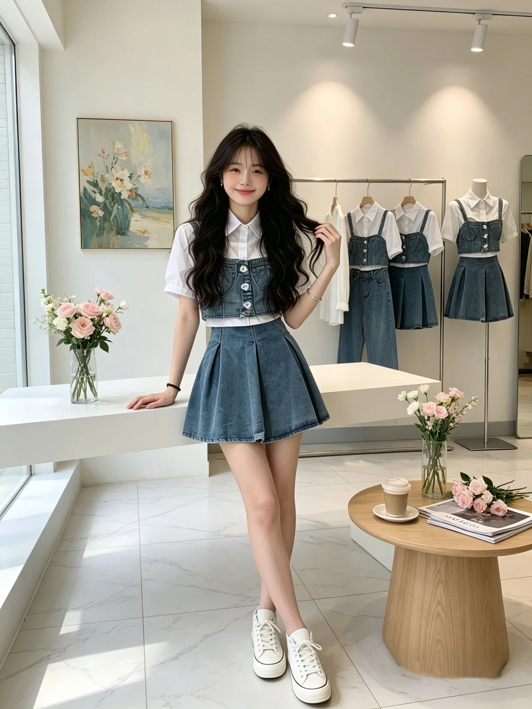 Summer Outfit Women's Denim Halter Top And Skirt Set Sweet And Salty Style Short Sleeve Bubble Sleeve High Waist Breathable