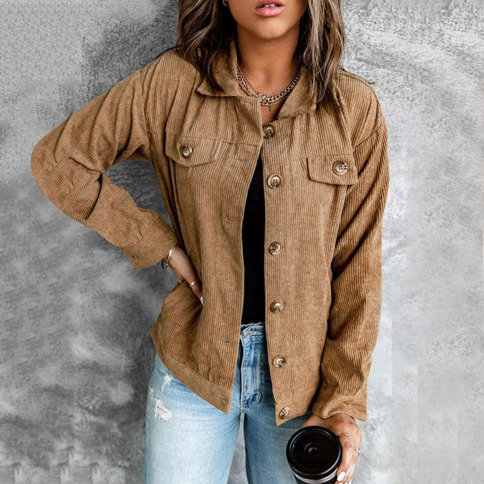 

Женская Вельветовая куртка с отложным воротником, длинным рукавом и карманами, на пуговицах