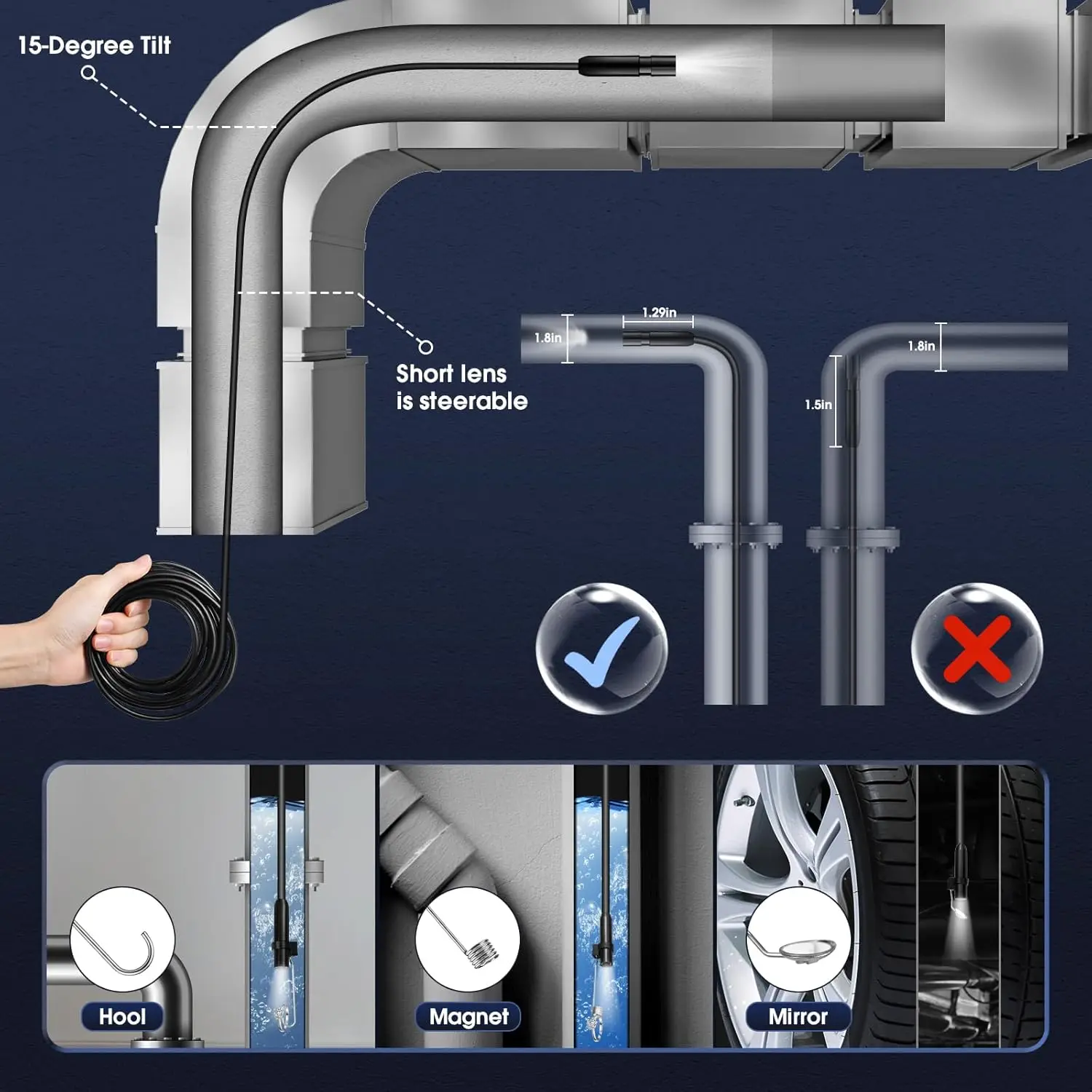 Industrial Endoscope Camera 4.3inch IPS Screen 8mm HD1080P IP67 Waterproof 8 LED Light Inspection Borescope for Pipe Car Repair