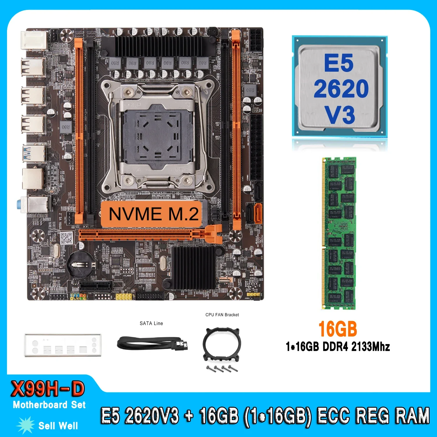 Kit Xeon X99 Motherboard with E5 2620 V3 and 16GB(1*16GB) DDR4 2133MHz RECC Memory LGA 2011-3 Combo Set E5 2620V3 Motherboard