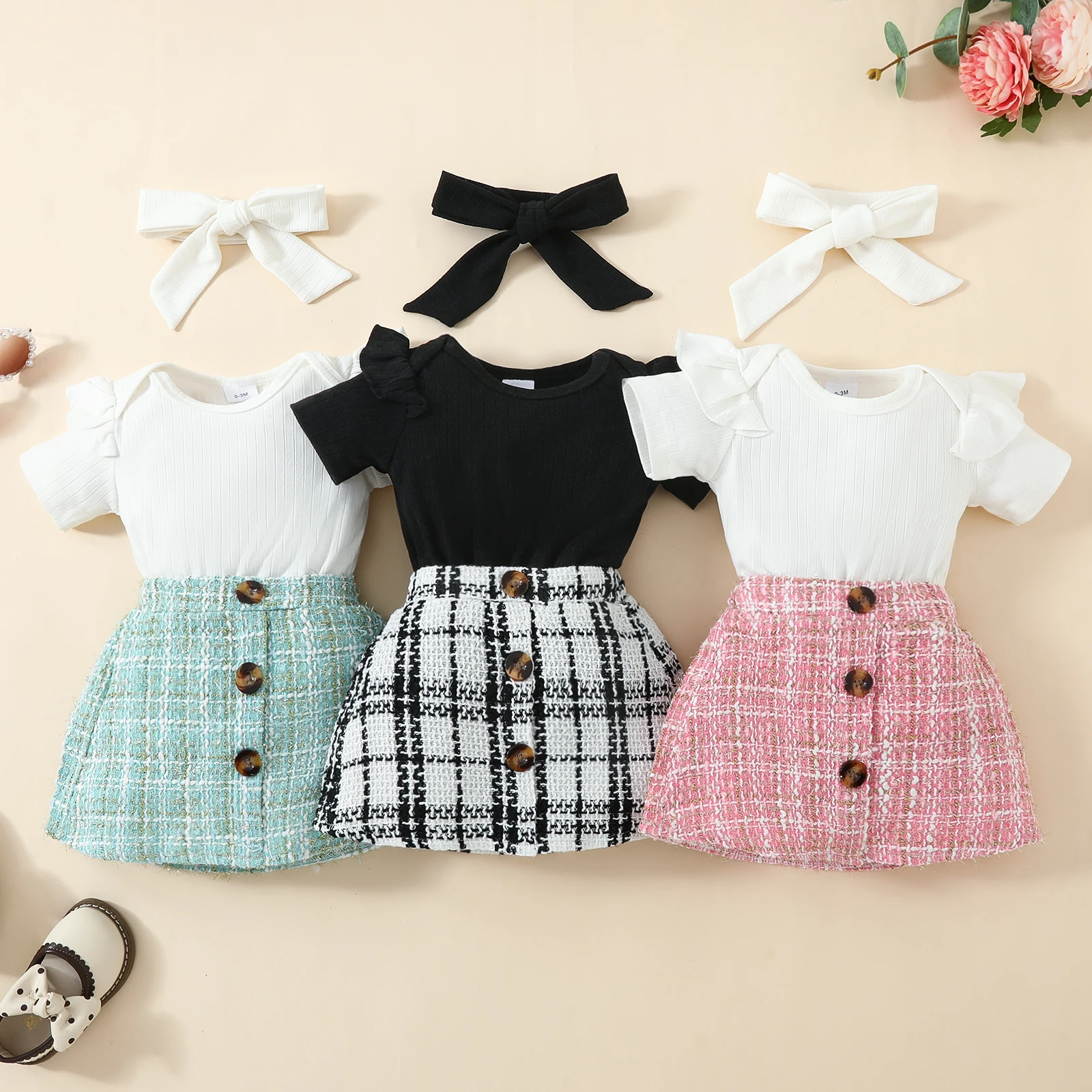 Pudcoco Infant Baby Girls 3 Piece Outfit Ruffles Short Sleeve Rompers Plaid Print Button Skirt Headband Summer Clothes Set 0-18M