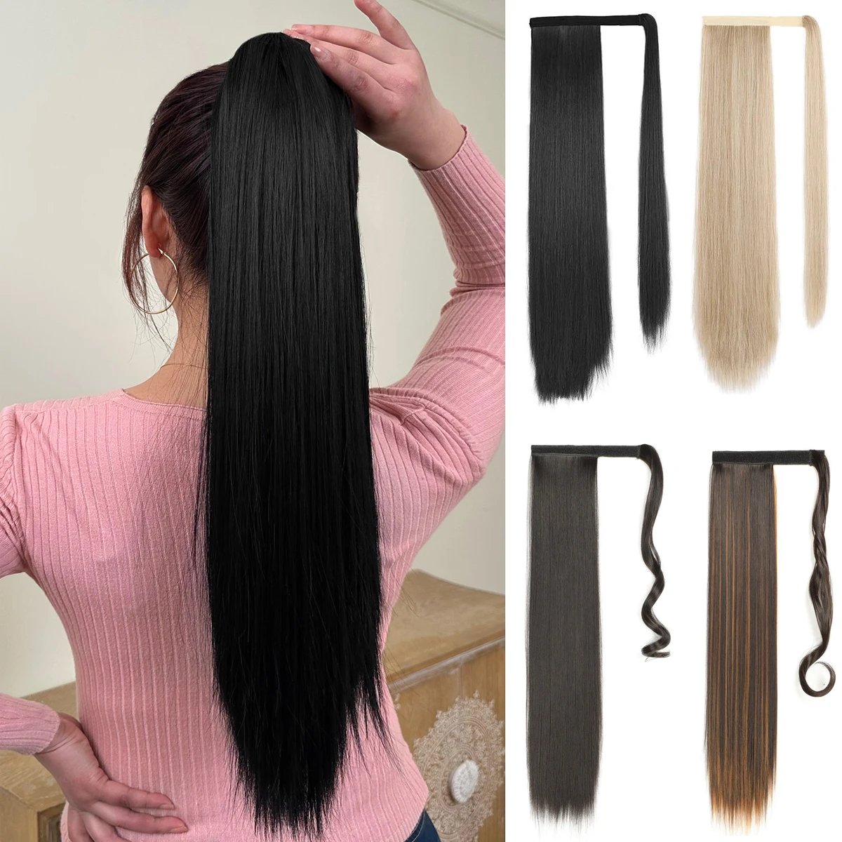 Clip in Ponytail Extension Wrap Around Long Straight Ponytail Natural Soft Synthetic Hairpiece for Women