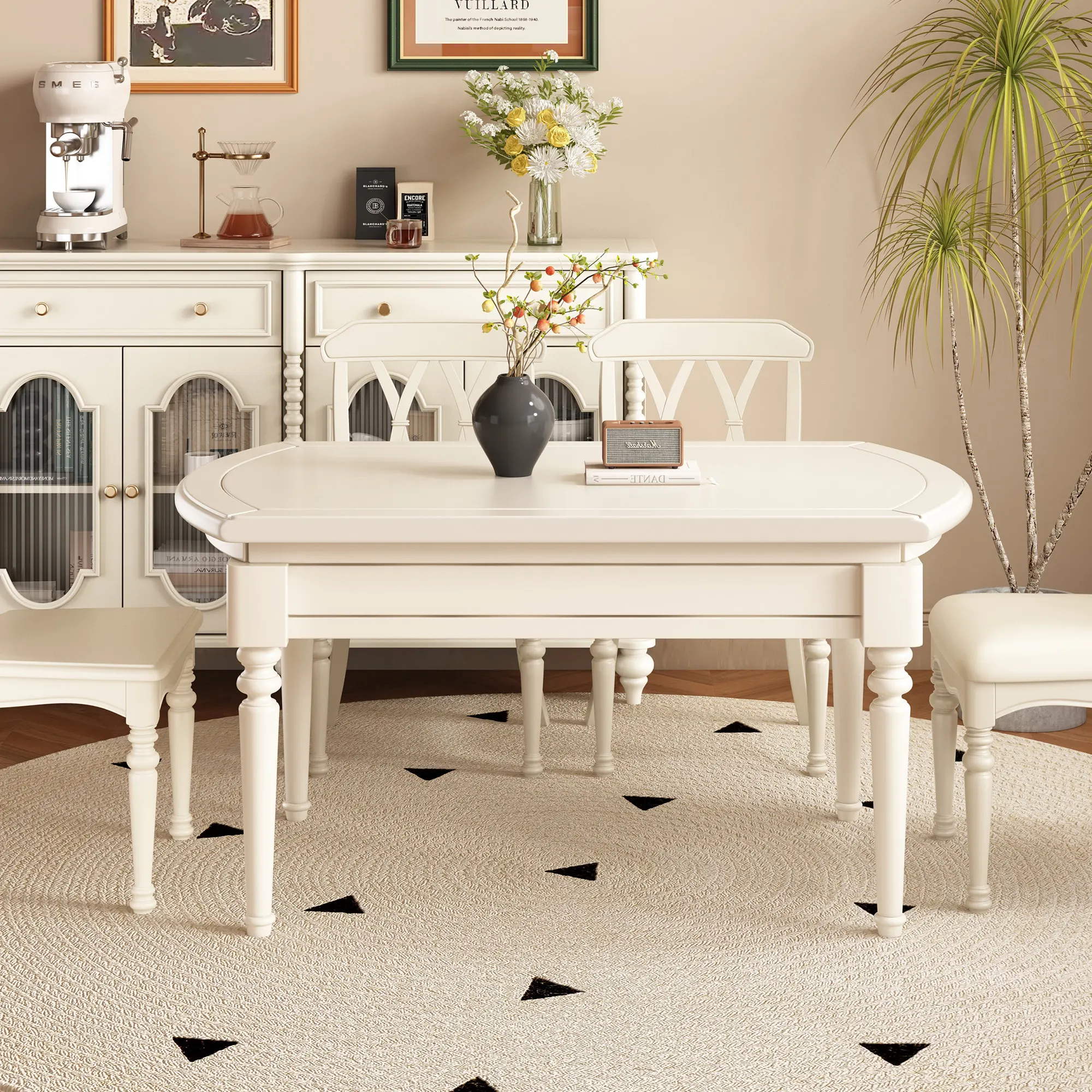 Push-pull dining table retro solid wood dining table household retractable eating table
