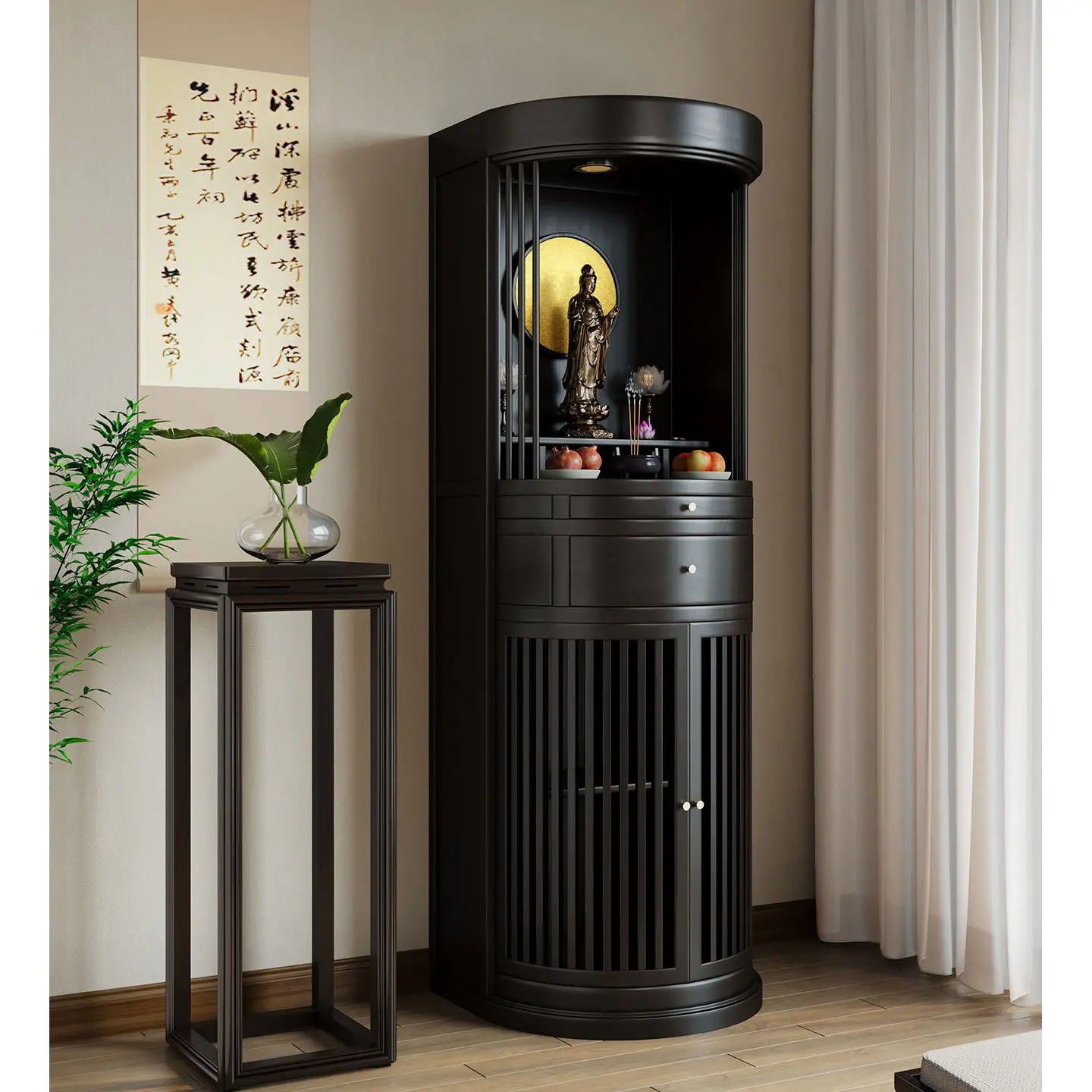 LMM, New Chinese Vertical Buddha Cabinet Solid Wood Buddha Niche Zen Guanyin Bodhisattva Home Living Room Table