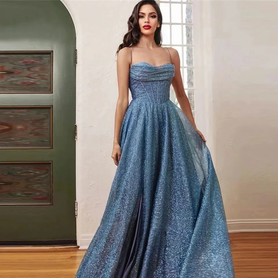 

Sparkly Dusty Blue Plus Size Spaghetti Champagne Tulle Plus Size Evening Dress Straps Glitter Evening Gowns