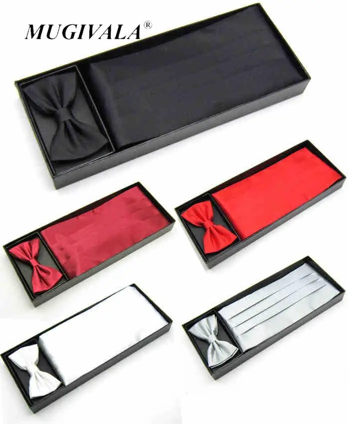 

Mens Wedding Tuxedo Bow tie Set Cummerbund Hanky Pocket Towel Black Red White Silver Solid Bowtie Cravat