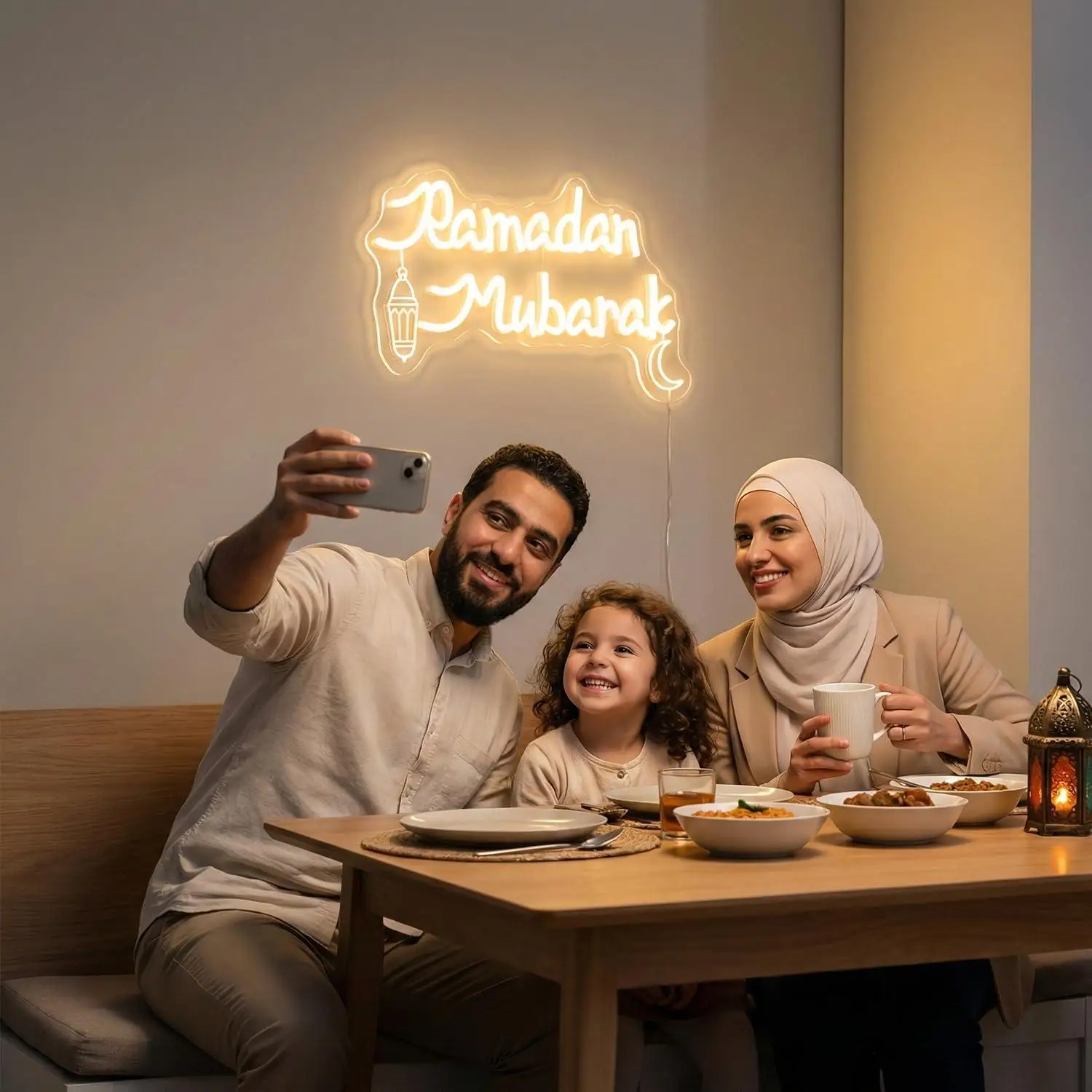 Ramadan Mubarak Neon Sign Lantern Crescent LED Light for Ramadan Party Eid Muslim Living Room Decor Gifts for religious holiday