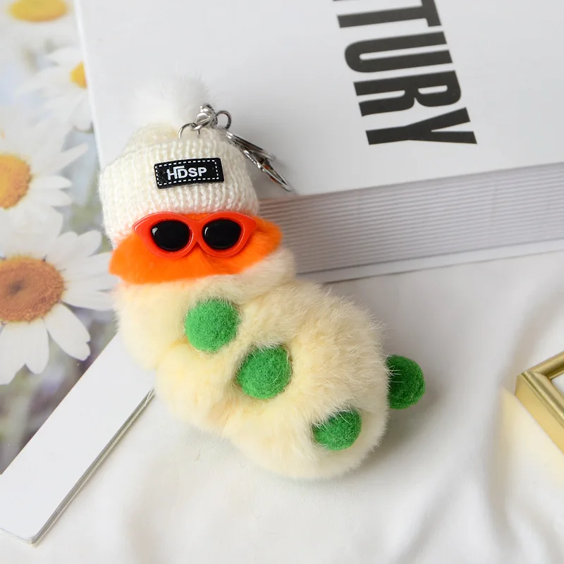 Kleurrijke pluche rupsen schattige sleutelhanger met zonnebril zacht konijnenbont dier pompom hanger met sleutelhangers voor dames handtas