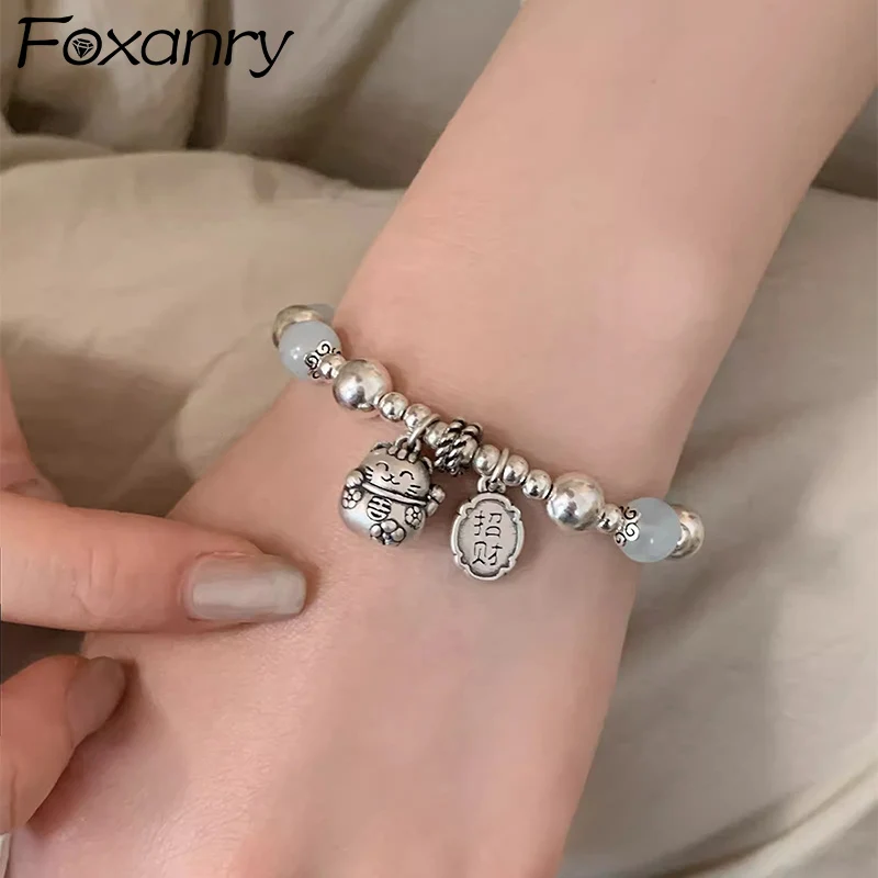 Foxanry Blue Ball Beaded Lucky Cat Bracelets For Women Girls Exquisite Cute Creative Fashion Good Luck Anniversary Jewelry Gifts