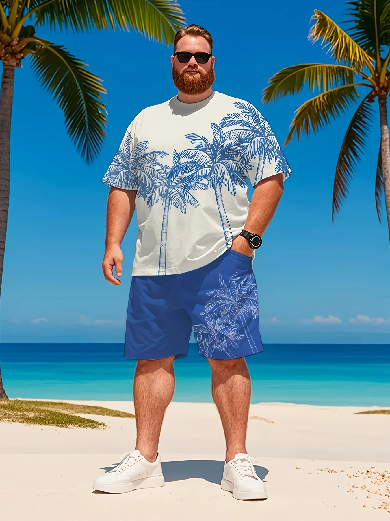 

2025 Fashion Summer Casual Suit outdoor sport Men's Adult Set Hawaiian Blue Coconut Tree Print Set T-shirt Top and Shorts Set