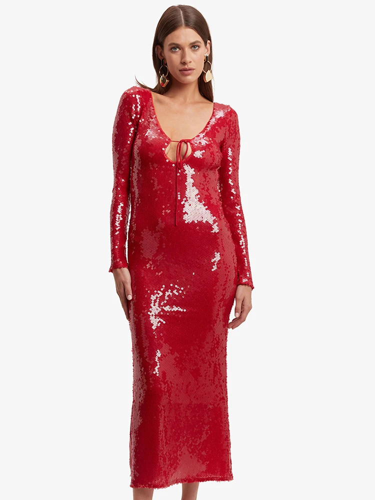 

Elegant Luxury Celebrity Party Summer New Women's Sexy Deep V-Neck Sequins Long Dress Long Sleeves Cut Out Strings Tied Gowns