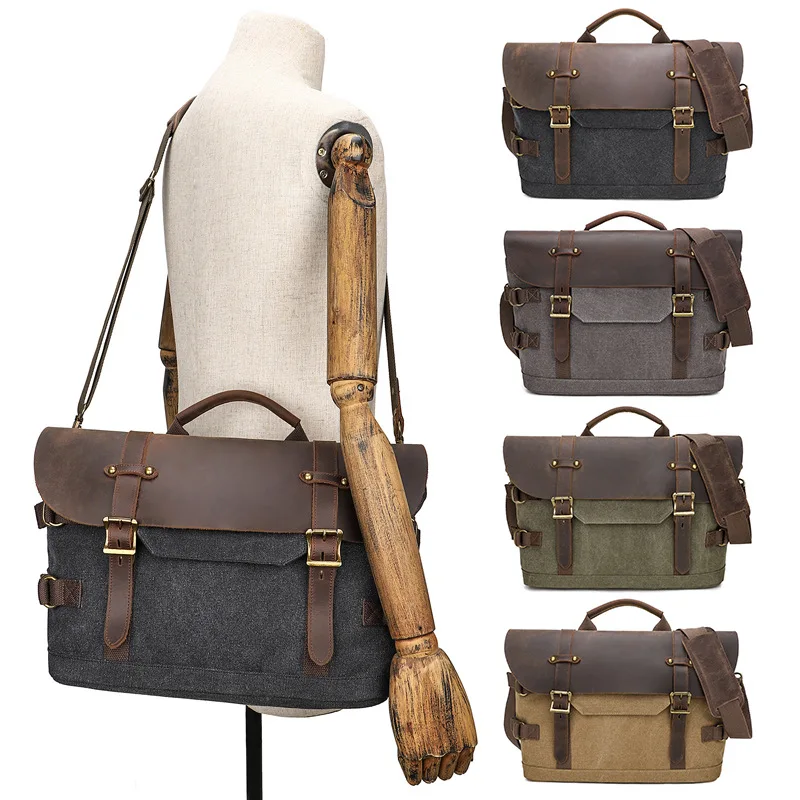 Men's and women's casual canvas crazy horse leather spliced large-capacity waterproof travel single-shoulder crossbody bag