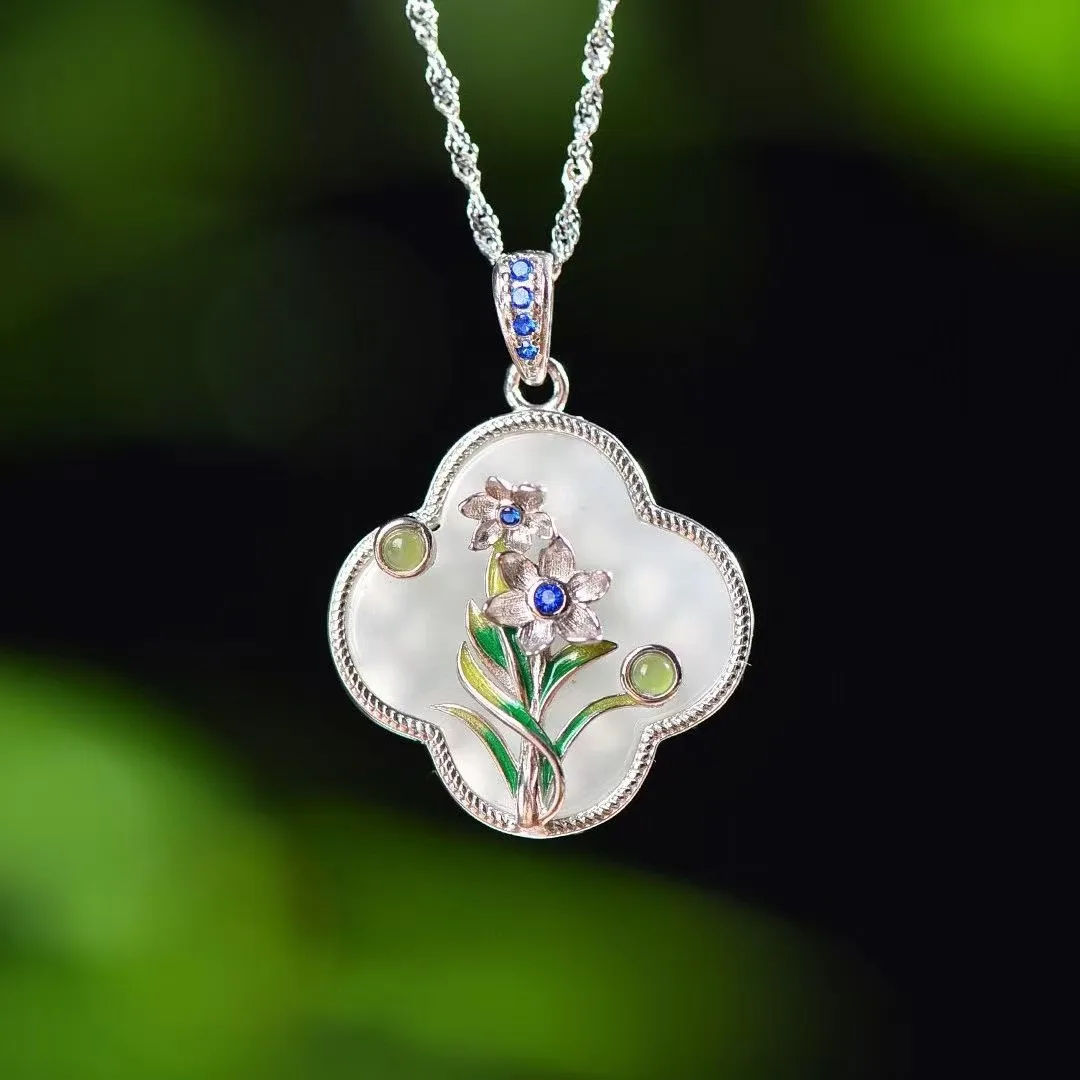 

New Natural 100% real Sterling Silver necklace mosaic white hetian jade beads Drop pendant jewellery for woman gifts Bless peace