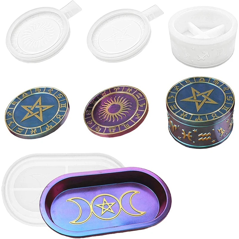 

Resin Storage Box Mold With 2 Different Pattern Lids Triple Moon Goddess Tray Silicone Mold For Jewelry Container