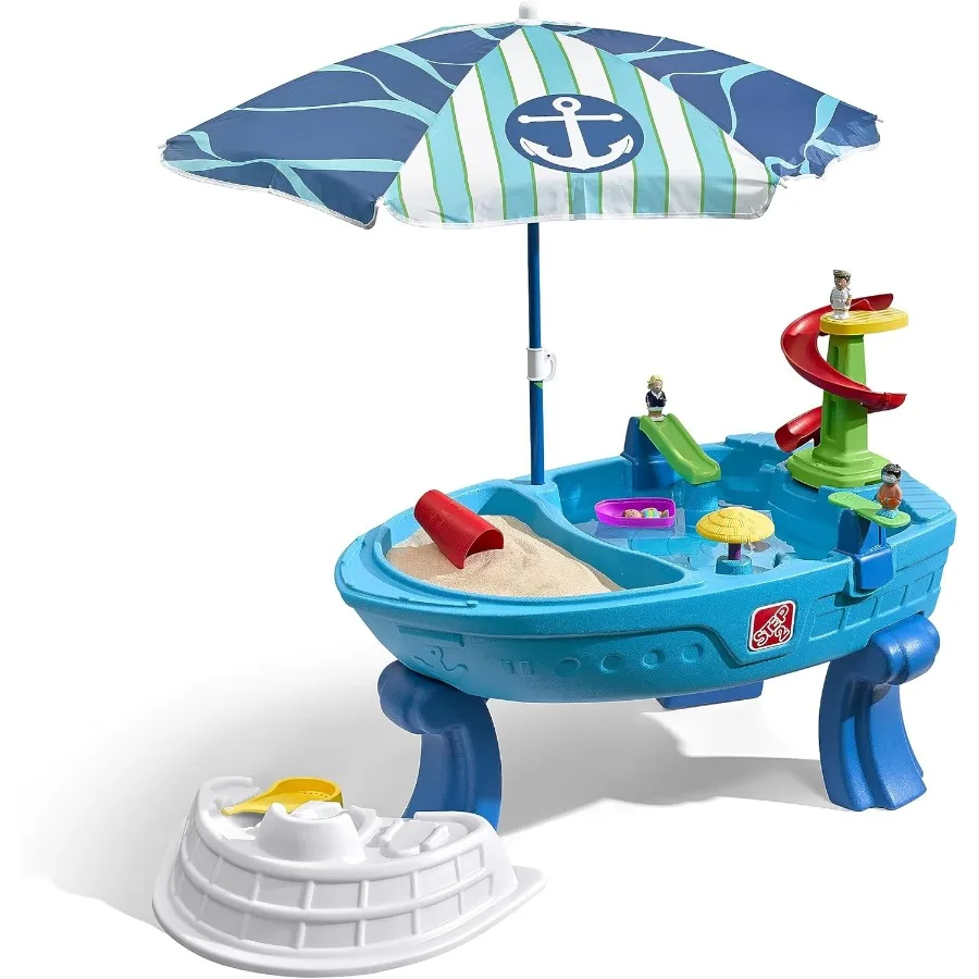 Mesa de areia e água Fiesta Cruise com guarda-chuva, conjunto de brinquedos sensoriais para atividades infantis, brinquedos ao ar livre de verão, acessórios de brinquedo aquático de 10 peças