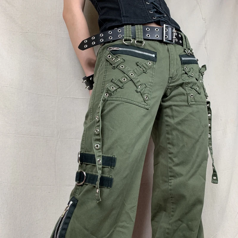 

Vintage Gothic Punk Baggy Jeans Trousers Fashion Low Waist Cargo Pants Grunge Green Zipper Softener Streetwear Pants Female