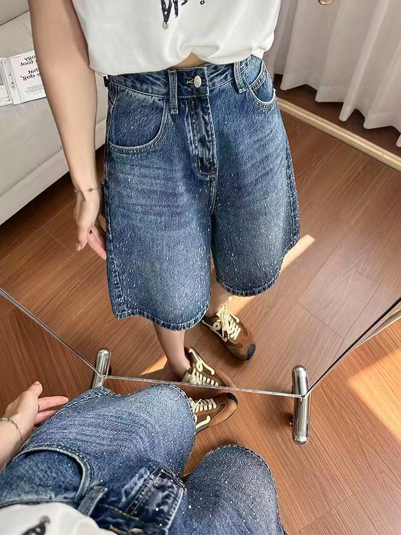 Retro Rhinestone Denim Shorts For Women Summer High Waist Casual Straight Leg Hot Pants Sparkling Mid Length Denim Shorts