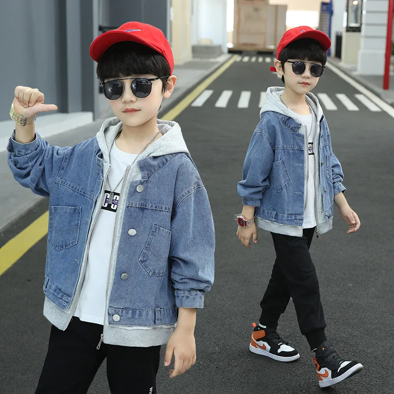 Autumn Children Denim Coat for Big Boys Korean Solid Color Hooded