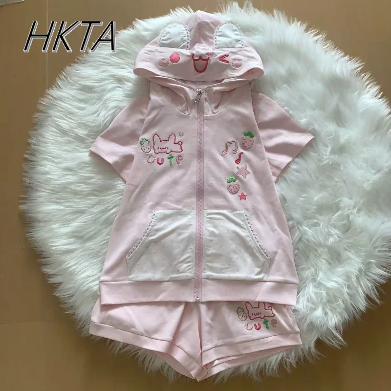 

Sweet and Cute Soft Girl Cute Cartoon Polka Dot Embroidered Hooded Short Sleeved tshirt coat Shorts Casual Two Pieces Sets Women