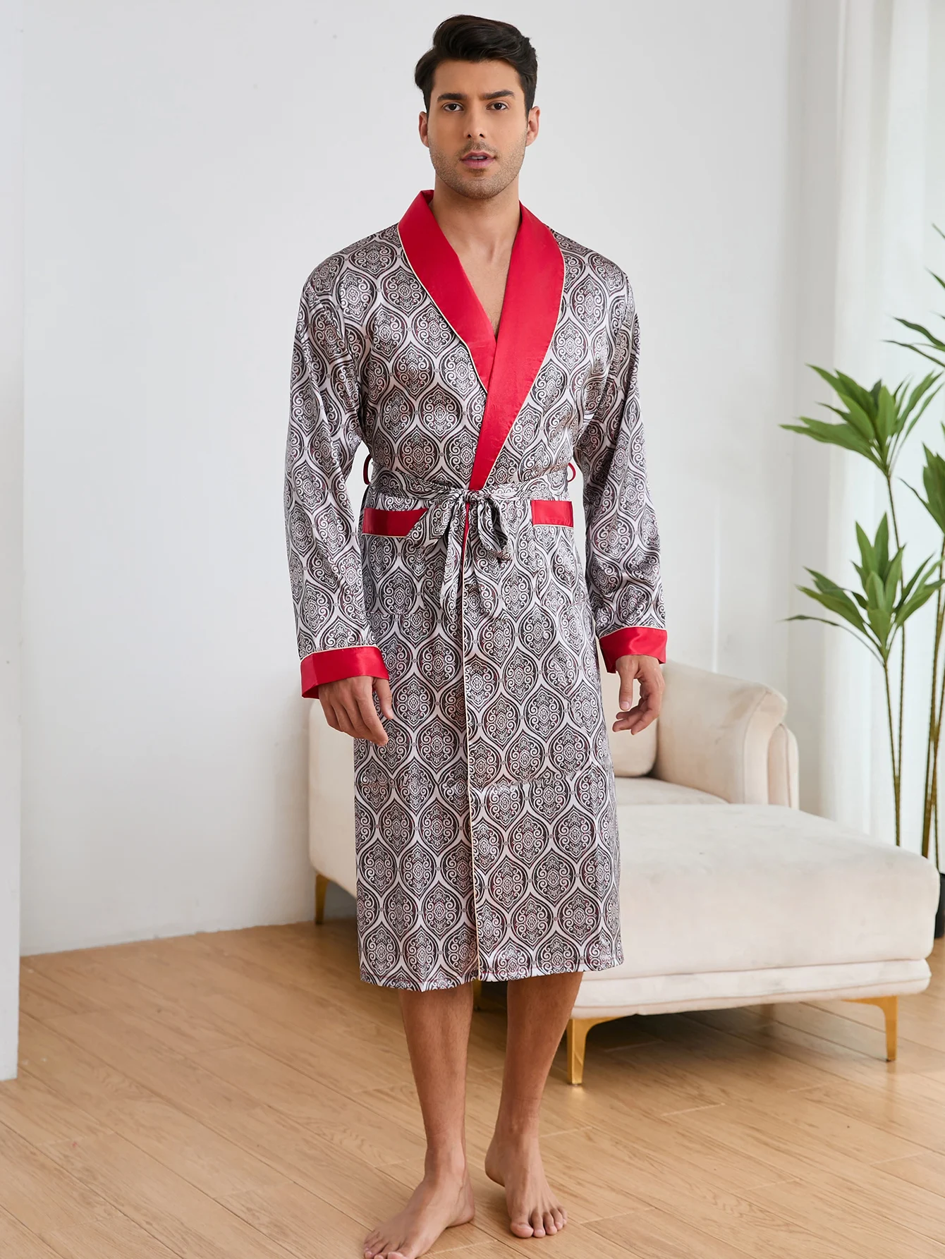 Men's comfortable geometric pattern robe with pockets, home pajamas, robe with belt for home wear