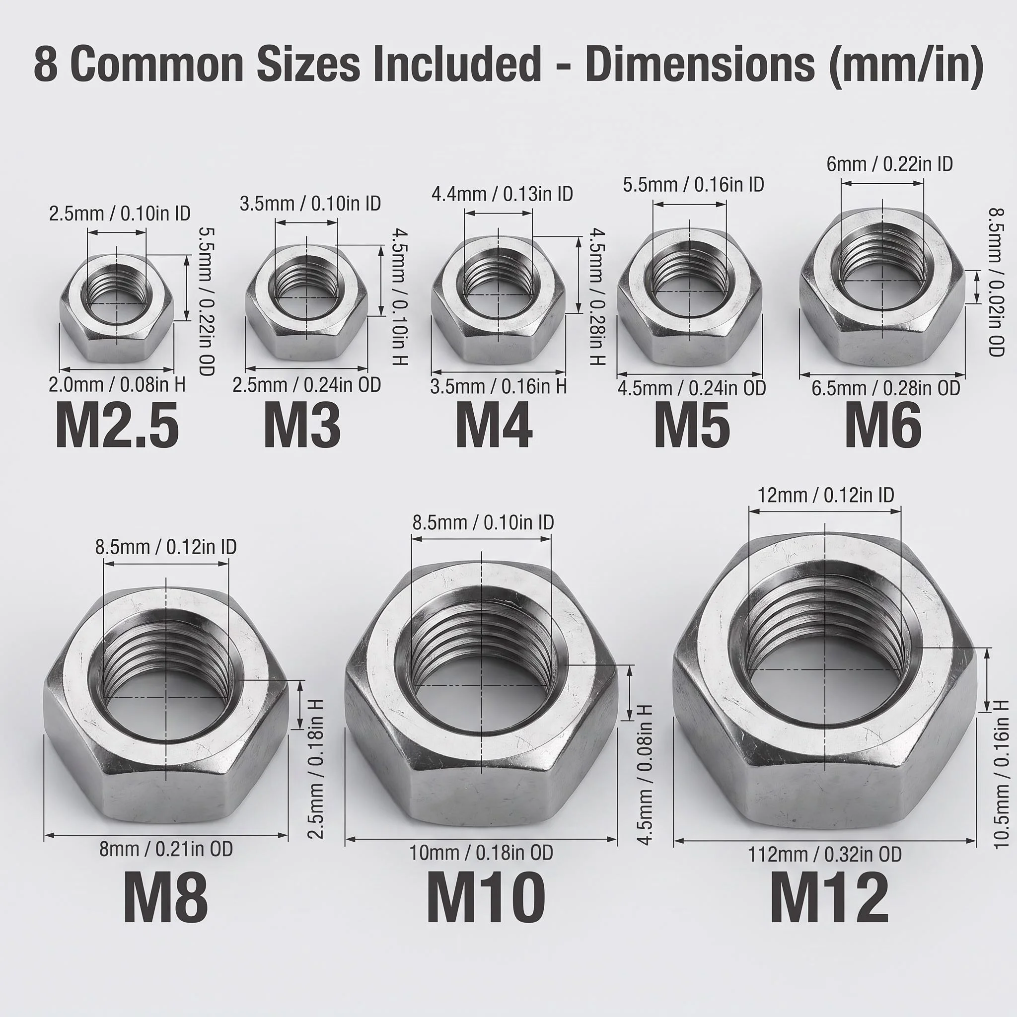 304 Stainless Steel Hex Nuts Assortment Kit A2-70 205pcs M2-M12 Set for Screws & Bolts - Hardware Nuts Collection