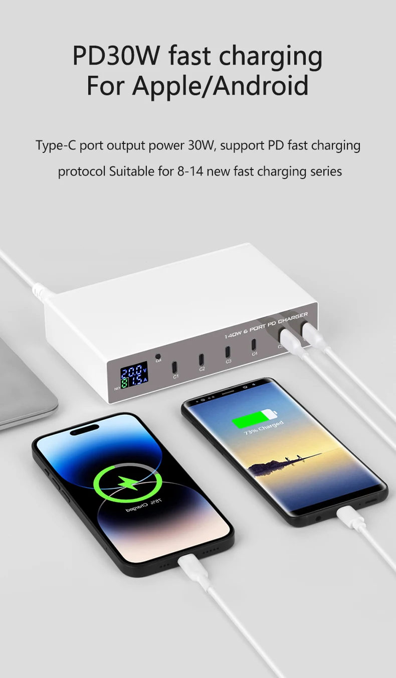 6 Port 140W Multi USB Port for iPhone Huawei Xiaomi Samsung QC3.0 PD3.0 Mobile Phone Charger Adapter 30W Fast Charging Station