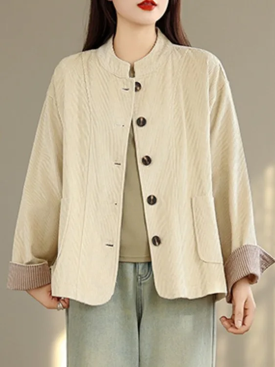 Cardigan rétro en velours côtelé à col montant pour femme, ample et décontracté, grande taille, ouvert avec boutons, assorti à tout, nouvelle collection automne