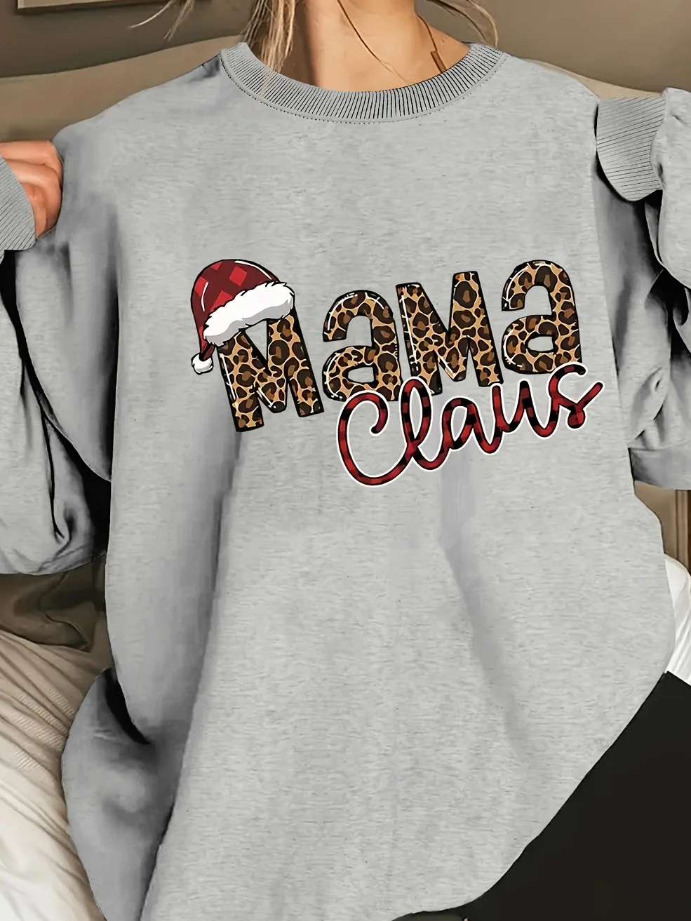 

Женская рождественская толстовка Nana Claus - шапка Санта-Клауса с леопардовым принтом, серый праздничный пуловер с круглым вырезом для бабушки и праздника
