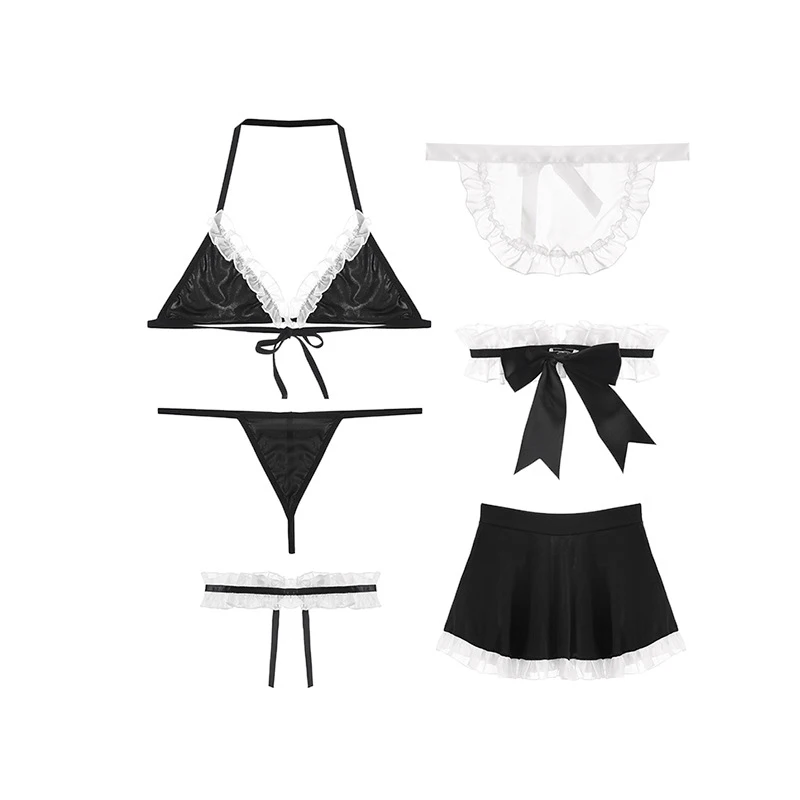 Erotic Role Play Maid Lolita Chemise Cosplay Sexy Costume Two Piece Set Servant Lolita Hot Babydoll Hollow Out Dress Uniform