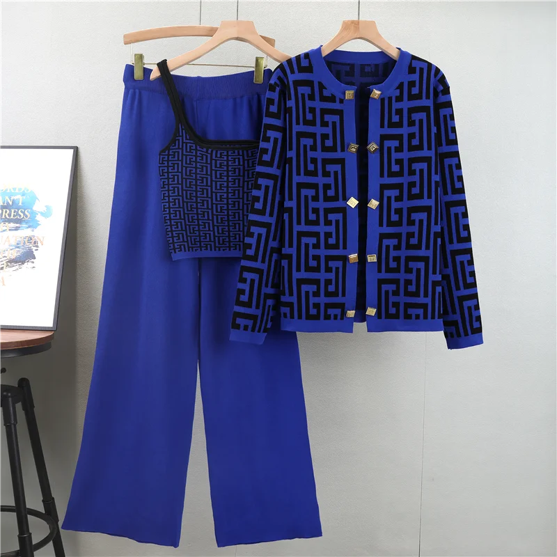 Autumn Knitted Three Pieces Sets 2024 Slim Tank Top Long Sleeves Cardigan Elastic Wide Leg Pants Fashion Sweater Set