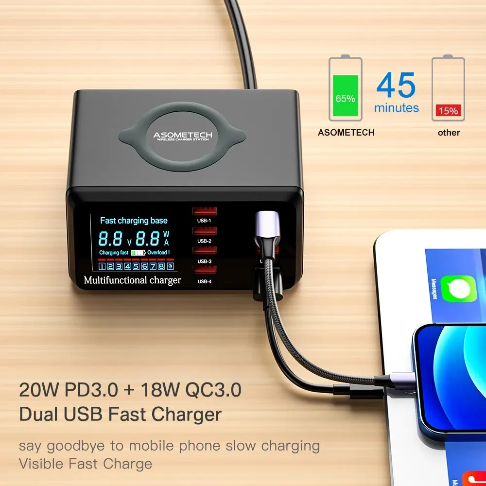 100W 8 poorten USB-laadstation met draadloos opladen Digitaal scherm QC3.0 PD3.0 Snel opladen voor iPhone 14 13 Xiaomi