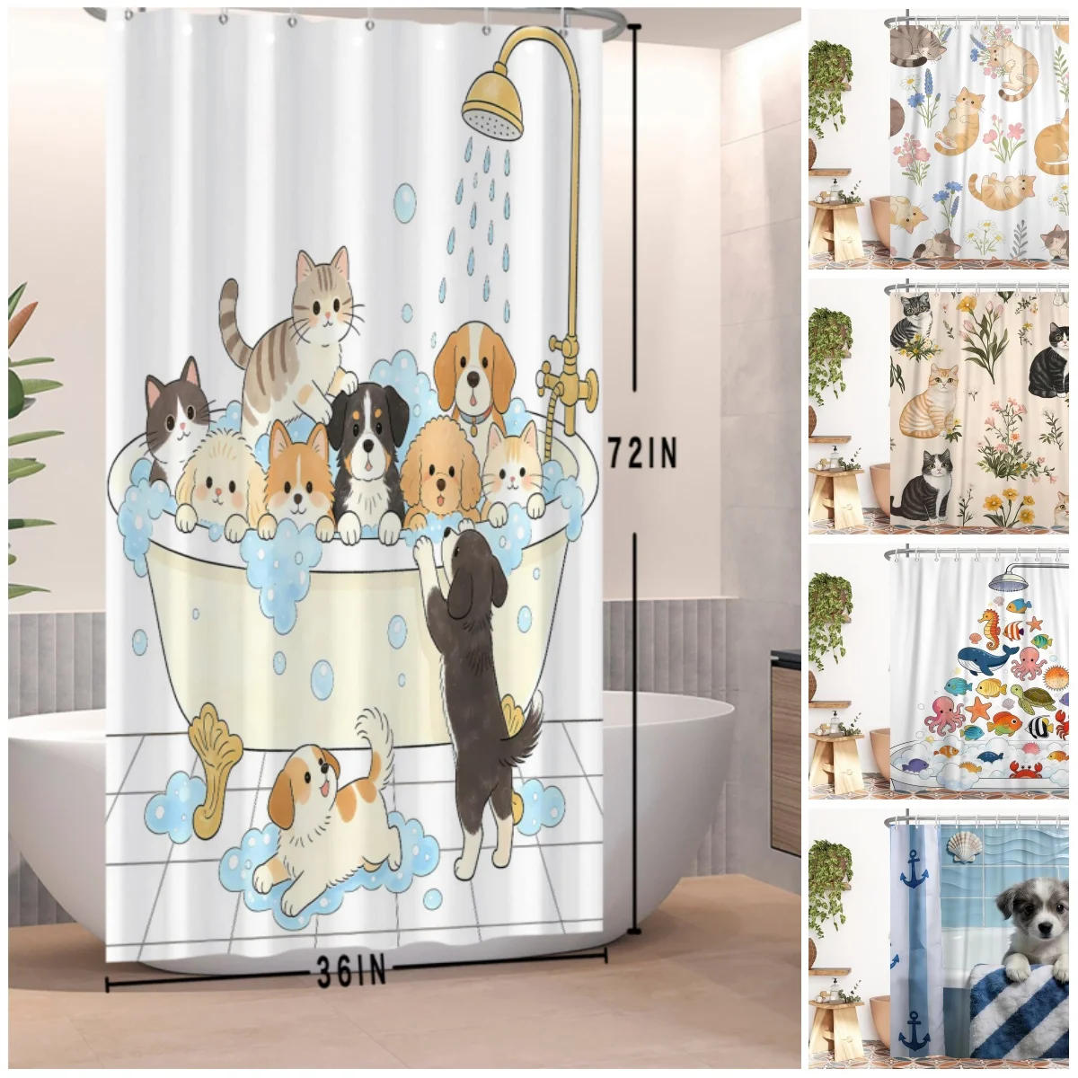 

Cute Animal Shower Curtain Funny Cartoon Kitten Pet for Bathroom Waterproof Fabric Bathtub Bathroom Decors Curtain With Hooks