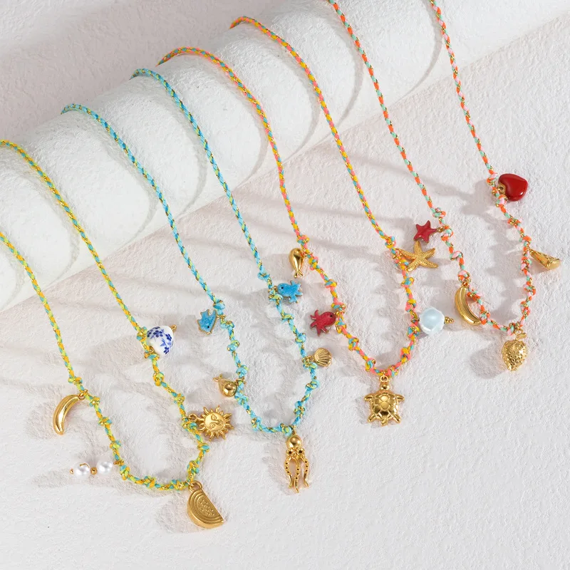 

Ocean-style pendant necklace, colorful rope chain, fish, seahorse, starfish, shell, crab, fashionable