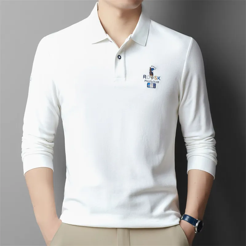 Luxury brand 100% cotton men\'s long sleeved embroidered polo shirt 2024 Spring and Autumn new business casual breathable T-shirt