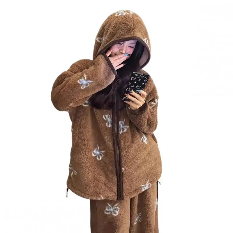 

Plus Size Women's Pajama Set New Winter Wearable As Outerwear Sleepwear Hooded Nightwear Coral Fleece Thicken Keep Warm Homewear