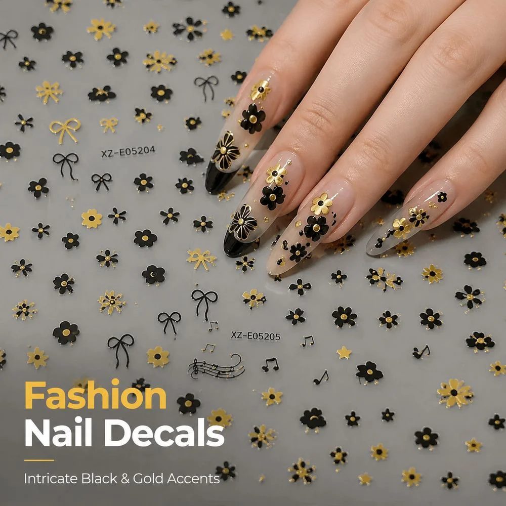 6Pcs Women DIY Nail Art Stickers Black Gold Hollow Flower Piano Key Bow Heart Self‑Adhesive Decals For Manicure Ornament