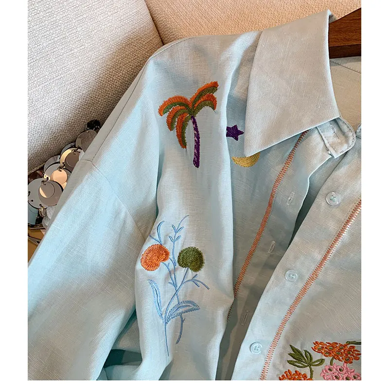 

Blue Heavy Embroidery Linen Sun Protection irt Women's Summer New Loose Long Sve Thin Outerwear